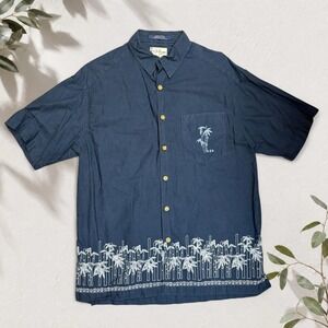Vintage Tommy Hilfiger Surf Co Navy Blue Bamboo Hawaiian Shirt Mens Size L